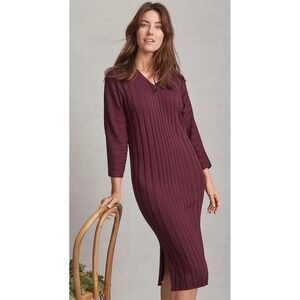 Garnett Hill Silk Cotton Ribbed Sweater Dress Wine Red Midi Knit Chic S